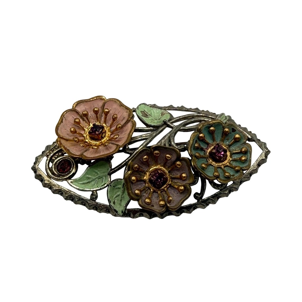Vintage Art Nouveau Enamel‎ Floral Brooch Purple Rhinestone Multi Color Pin